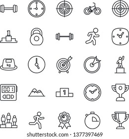 Thin Line Icon Set - pedestal vector, medal, barbell, bike, run, heavy, clock, stopwatch, target, mountains, award cup