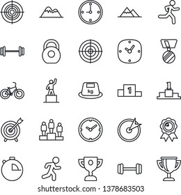 Thin Line Icon Set - pedestal vector, medal, barbell, bike, run, heavy, clock, stopwatch, target, mountains, award cup