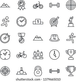 Thin Line Icon Set - pedestal vector, medal, barbell, bike, run, heavy, clock, target, mountains, award cup