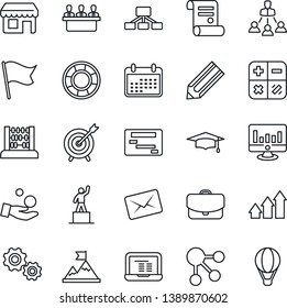 Thin Line Icon Set - pedestal vector, calculator, graduate, abacus, notebook pc, statistic monitor, pencil, contract, meeting, hierarchy, target, arrow up graph, gear, motivation, investment, flag