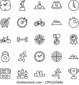 Thin Line Icon Set - pedestal vector, medal, barbell, bike, run, heavy, clock, stopwatch, target, mountains, award cup