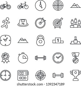 Thin Line Icon Set - pedestal vector, medal, barbell, bike, run, heavy, clock, stopwatch, target, mountains, award cup