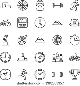 Thin Line Icon Set - pedestal vector, barbell, bike, run, heavy, clock, stopwatch, target, mountains, award cup