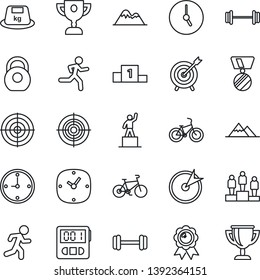 Thin Line Icon Set - pedestal vector, medal, barbell, bike, run, heavy, clock, stopwatch, target, mountains, award cup
