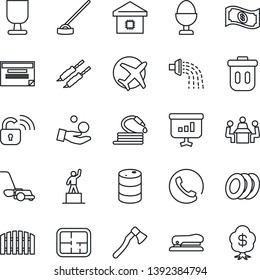 Thin Line Icon Set - pedestal vector, watering, lawn mower, hose, hoe, axe, plane, fragile, oil barrel, meeting, stapler, fence, plan, smart home, phone, plates, egg stand, kebab, wireless lock