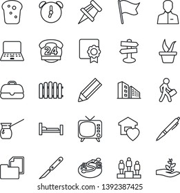 Thin Line Icon Set - pedestal vector, notebook pc, fence, seedling, scalpel, hospital bed, signpost, 24 hours, folder document, route, tv, user, alarm, sertificate, drawing pin, pencil, manager, pen