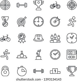 Thin Line Icon Set - pedestal vector, medal, barbell, bike, run, heavy, clock, stopwatch, target, award cup