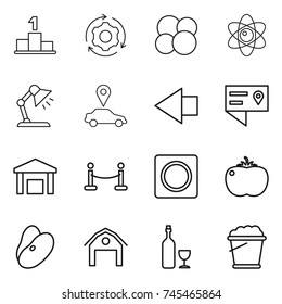 thin line icon set : pedestal, around gear, atom core, table lamp, car pointer, left arrow, location details, warehouse, vip fence, ring button, tomato, beans, barn, wine, foam bucket