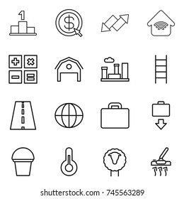 thin line icon set : pedestal, dollar arrow, up down, wireless home, calculator, barn, city, stairs, road, globe, suitcase, baggage get, bucket, thermometer, sheep, vacuum cleaner