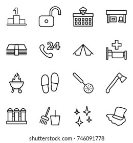 Thin Line Icon Set : Pedestal, Unlock, University, Gas Station, Money, Phone 24, Tent, Hospital, Bbq, Slippers, Skimmer, Axe, Grain Elevator, Bucket And Broom, Shining, Floor Washing