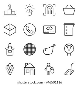 thin line icon set : pedestal, bulb, fingerprint, basket, box, phone, credit card, measuring cup, apron, sieve, chicken leg, sheep, grape, house, trash, scoop