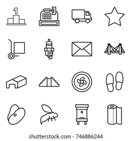 thin line icon set : pedestal, cashbox, delivery, star, cargo stoller, spark plug, mail, bridge, warehouse, pyramid, cooler fan, slippers, beans, wasp, hive, paper towel