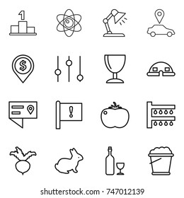 thin line icon set : pedestal, atom, table lamp, car pointer, dollar pin, equalizer, wineglass, dome house, location details, important flag, tomato, watering, beet, rabbit, wine, foam bucket
