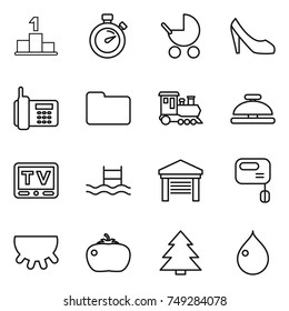 thin line icon set : pedestal, stopwatch, baby stroller, shoes, phone, documents, train, service bell, tv, pool, garage, mixer, udder, tomato, spruce, drop