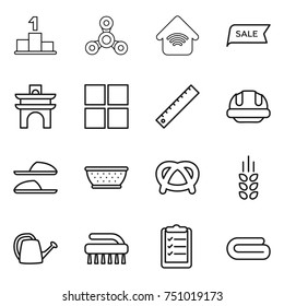 thin line icon set : pedestal, spinner, wireless home, sale, arch, window, ruler, building helmet, slippers, colander, pretzel, spikelets, watering can, brush, clipboard list, towel