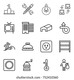thin line icon set : pedestal, pencil wrench, rocket, notebook connect, tv, houses, warehouse, trip, surfer, service bell, power socket, rack, ring button, hand mill, thermometer, trash