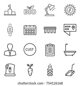 thin line icon set : pedestal, bio, table lamp, sun power, smart watch, calendar, bridge, location details, client, customs, clipboard, bath, kettle, carrot, spikelets, scoop