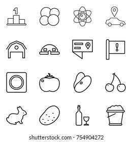 thin line icon set : pedestal, atom core, car pointer, barn, dome house, location details, important flag, ring button, tomato, beans, cherry, rabbit, potato, wine, foam bucket