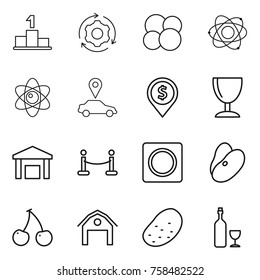 Thin line icon set : pedestal, around gear, atom core, car pointer, dollar pin, wineglass, warehouse, vip fence, ring button, beans, cherry, barn, potato, wine
