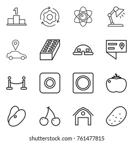 Thin line icon set : pedestal, around gear, atom, table lamp, car pointer, brick, dome house, location details, vip fence, ring button, tomato, beans, cherry, barn, potato