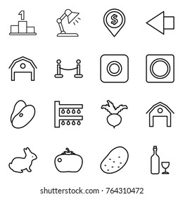 Thin line icon set : pedestal, table lamp, dollar pin, left arrow, barn, vip fence, ring button, beans, watering, beet, rabbit, tomato, potato, wine