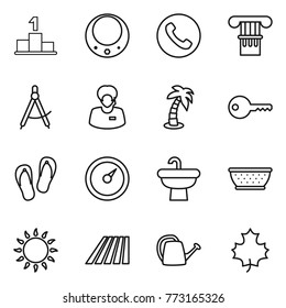 Thin line icon set : pedestal, necklace, phone, column, draw compass, support manager, palm, key, flip flops, barometer, sink, colander, gas oven, field, watering can, maple leaf