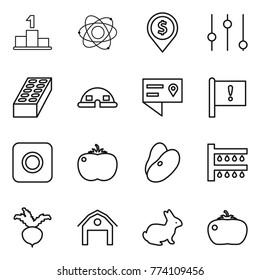 Thin line icon set : pedestal, atom, dollar pin, equalizer, brick, dome house, location details, important flag, ring button, tomato, beans, watering, beet, barn, rabbit