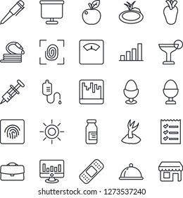 Thin Line Icon Set - pen vector, statistic monitor, sproute, sun, hose, pond, syringe, dropper, scales, ampoule, patch, real heart, scanner, fingerprint id, case, presentation board, bar graph, dish