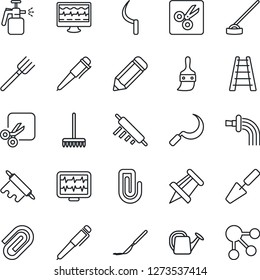 Thin Line Icon Set - pen vector, drawing pin, pencil, trowel, farm fork, rake, ladder, watering can, hoe, sickle, garden sprayer, monitor pulse, scalpel, themes, cut, paper clip, rolling