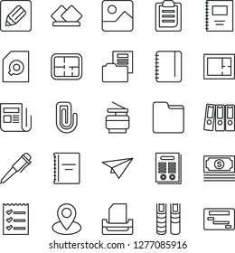 Thin Line Icon Set - pen vector, notepad, pin, cash, news, gallery, folder, notes, clipboard, copybook, paper clip, document, search, checklist, binder, tray, copier, contract, book, plan, serviette