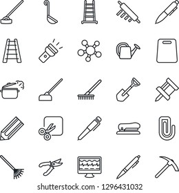 Thin Line Icon Set - pen vector, pencil, shovel, rake, ladder, watering can, pruner, hoe, monitor pulse, share, torch, cut, drawing pin, paper clip, stapler, ladle, rolling, cutting board, hard work