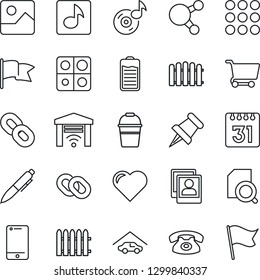 Thin Line Icon Set - pen vector, fence, bucket, heart, cell phone, share, chain, paper pin, battery, menu, gallery, calendar, music, photo, application, document search, garage, gate control, cart
