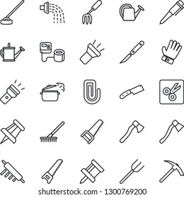 Thin Line Icon Set - pen vector, drawing pin, garden fork, farm, rake, watering can, glove, saw, hoe, axe, blood pressure, scalpel, torch, cut, paper clip, rolling, knife, steaming pan, hard work