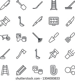 Thin Line Icon Set - pen vector, job, pencil, trowel, garden fork, rake, ladder, wheelbarrow, hoe, knife, axe, monitor pulse, blood pressure, scalpel, torch, drawing pin, paper clip, ladle