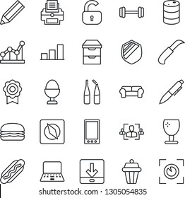 Thin Line Icon Set - pen vector, notebook pc, garden knife, ampoule, barbell, fragile, shield, oil barrel, archive chest, mobile, download, compass, sertificate, bar graph, hr, point, printer, lock