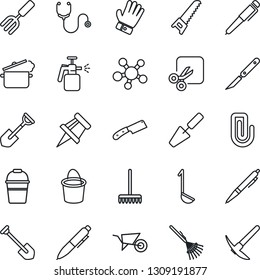 Thin Line Icon Set - pen vector, job, trowel, garden fork, shovel, rake, wheelbarrow, bucket, glove, saw, sprayer, stethoscope, scalpel, share, cut, drawing pin, paper clip, ladle, knife, hard work