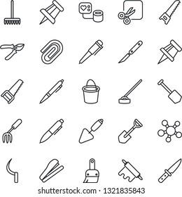 Thin Line Icon Set - pen vector, drawing pin, job, trowel, garden fork, shovel, rake, bucket, pruner, saw, hoe, sickle, blood pressure, scalpel, share, themes, cut, paper clip, stapler, rolling