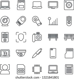 Thin Line Icon Set - pen vector, notebook pc, bench, camera, touch screen, monitor, laptop, phone back, mobile, sd, sim, face id, cellular signal, chip, remote control, web, usb flash, surveillance
