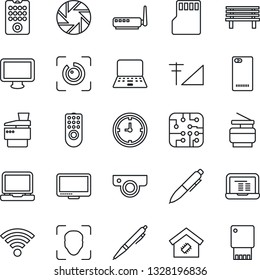 Thin Line Icon Set - pen vector, notebook pc, bench, clock, monitor, laptop, phone back, mobile camera, sd, wireless, face id, eye, cellular signal, copier, smart home, chip, remote control, router