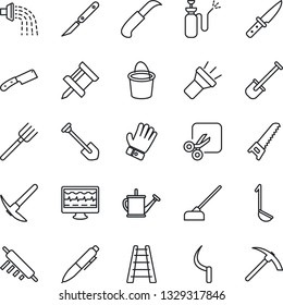 Thin Line Icon Set - pen vector, job, shovel, farm fork, ladder, watering can, bucket, glove, saw, hoe, sickle, garden knife, sprayer, monitor pulse, scalpel, torch, cut, drawing pin, ladle, rolling