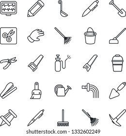 Thin Line Icon Set - pen vector, drawing pin, job, pencil, trowel, rake, watering can, bucket, pruner, glove, saw, hoe, garden sprayer, monitor pulse, themes, cut, stapler, ladle, hard work