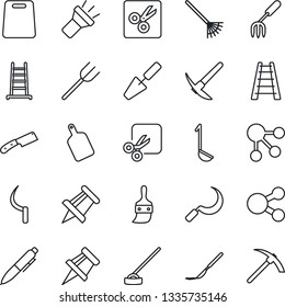 Thin Line Icon Set - pen vector, drawing pin, trowel, garden fork, farm, rake, ladder, hoe, sickle, scalpel, themes, torch, cut, ladle, cutting board, knife, social media, hard work