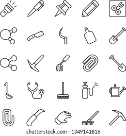 Thin Line Icon Set - pen vector, job, pencil, garden fork, shovel, rake, watering can, glove, sickle, knife, sprayer, stethoscope, share, torch, cut, drawing pin, paper clip, ladle, cutting board
