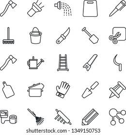 Thin Line Icon Set - pen vector, drawing pin, job, pencil, trowel, rake, ladder, watering can, bucket, glove, saw, sickle, garden knife, axe, blood pressure, torch, cut, rolling, cutting board