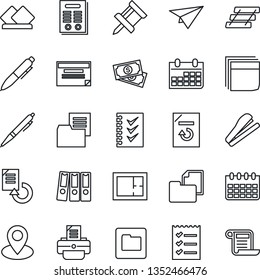 Thin Line Icon Set - pen vector, calendar, document reload, printer, pin, cash, folder, drawing, blank box, checklist, paper binder, tray, contract, stapler, plan, serviette, plane, schedule