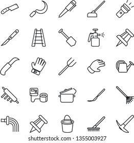 Thin Line Icon Set - pen vector, drawing pin, job, farm fork, rake, ladder, watering can, bucket, glove, hoe, sickle, garden knife, sprayer, blood pressure, scalpel, torch, rolling, steaming pan