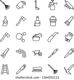 Thin Line Icon Set - pen vector, rake, ladder, wheelbarrow, bucket, watering, glove, saw, garden knife, axe, sprayer, scalpel, share, themes, stapler, ladle, rolling pin, steaming pan, hard work