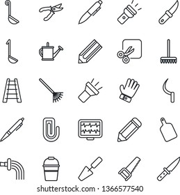Thin Line Icon Set - pen vector, pencil, trowel, rake, ladder, watering can, bucket, pruner, glove, saw, sickle, garden knife, monitor pulse, torch, cut, paper clip, ladle, cutting board