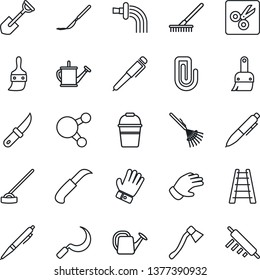 Thin Line Icon Set - pen vector, shovel, rake, ladder, watering can, bucket, glove, hoe, sickle, garden knife, axe, scalpel, share, themes, cut, paper clip, rolling pin