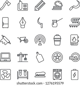 Thin Line Icon Set - pencil vector, wheelbarrow, bucket, hose, sickle, axe, drip irrigation, blood test vial, tomography, antenna, laptop pc, radio phone, ink pen, stapler, washer, fridge, crane